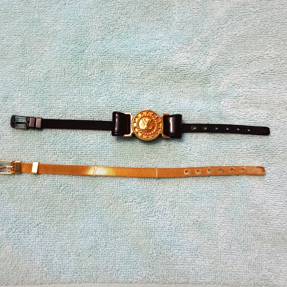 Versace-Inspired Black Leather Bracelet with Gold Medallion & Gold Mesh Strap